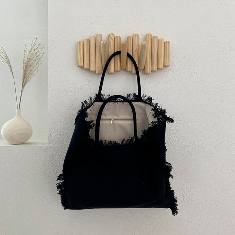 Fringe Trim Large Canvas Totes - 2 Colors