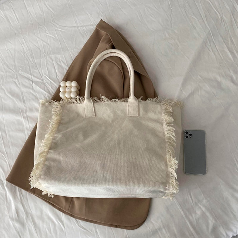 Fringe Trim Large Canvas Totes - 2 Colors