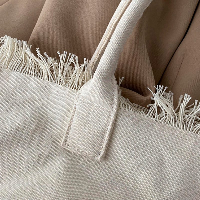 Fringe Trim Large Canvas Totes - 2 Colors
