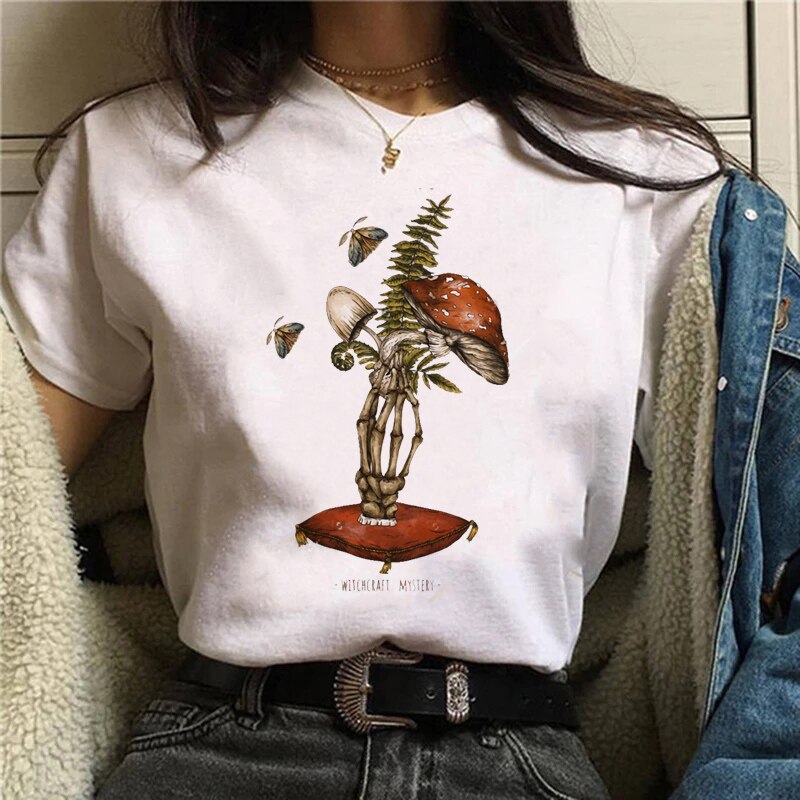 Funny Mushroom Print T-shirt Women's Fashion Versatile Top T-shirt