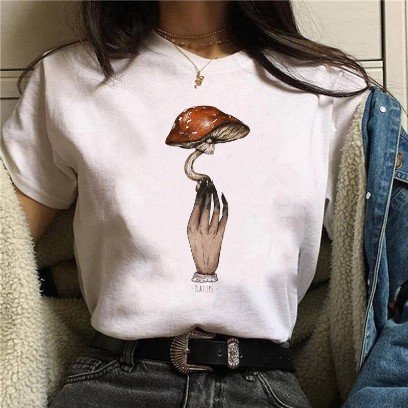 Funny Mushroom Print T-shirt Women's Fashion Versatile Top T-shirt
