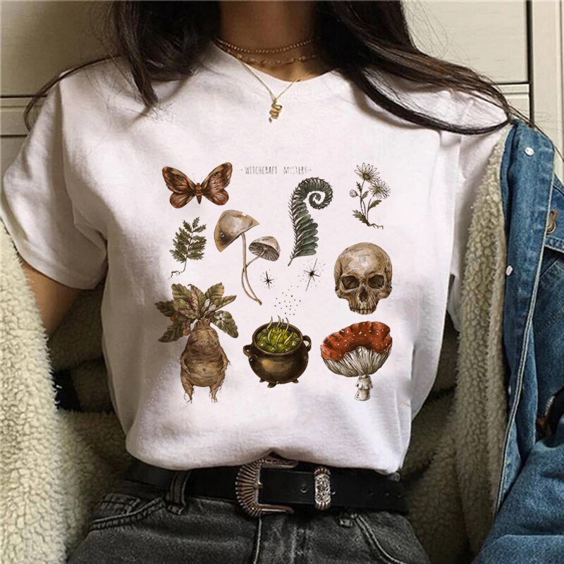 Funny Mushroom Print T-shirt Women's Fashion Versatile Top T-shirt