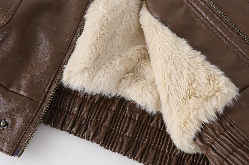 Fur-lined Faux Leather Bomber Jackets - 2 Colors