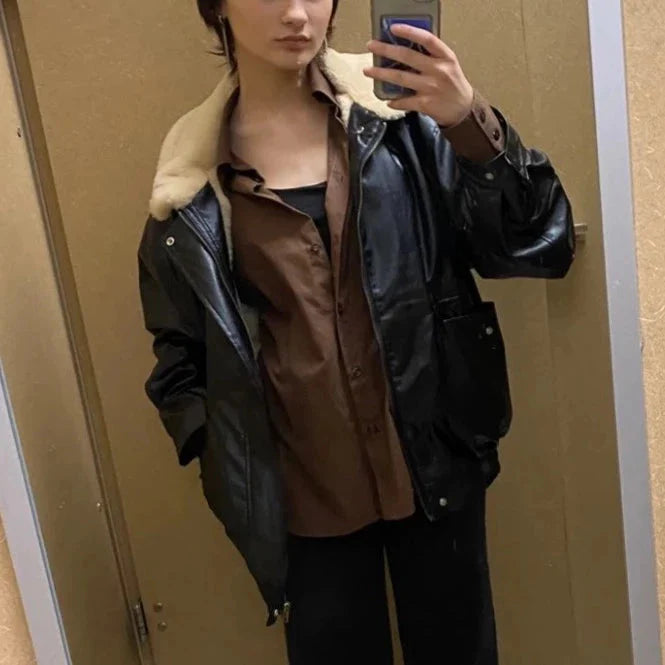Fur-lined Faux Leather Bomber Jackets - 2 Colors