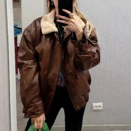 Fur-lined Faux Leather Bomber Jackets - 2 Colors