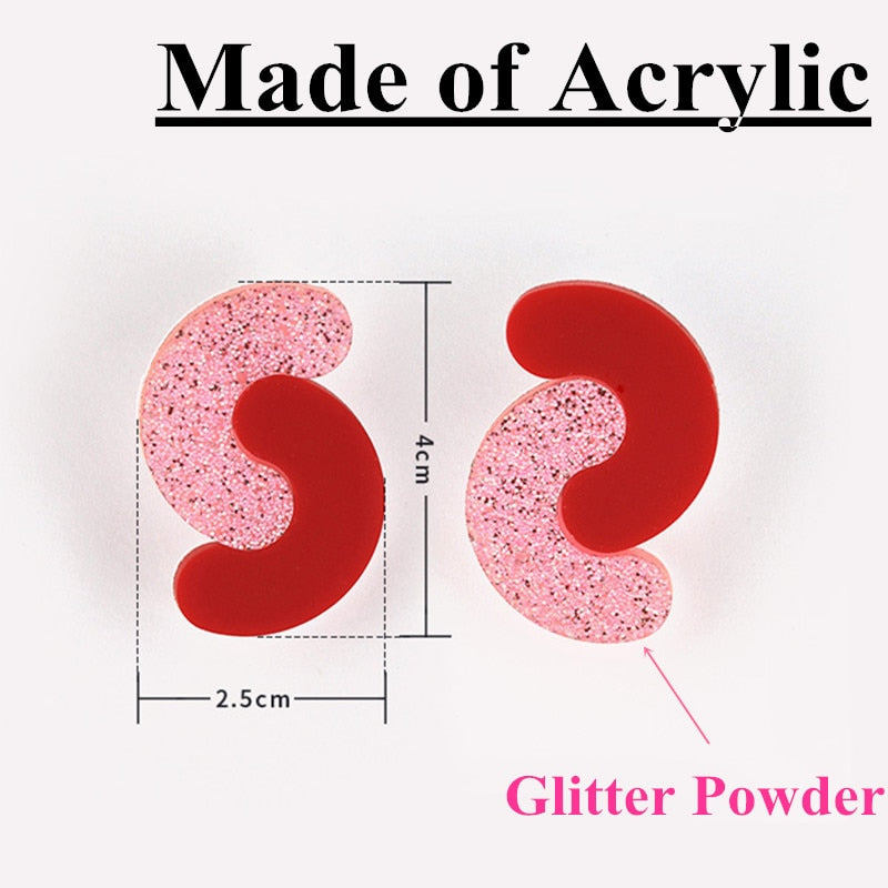 Geometric Red and Glitter Pink Resin Stud Earrings