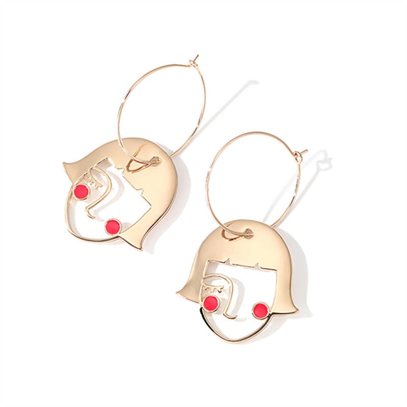 Girl Face Figure Pendant Hoop Earrings