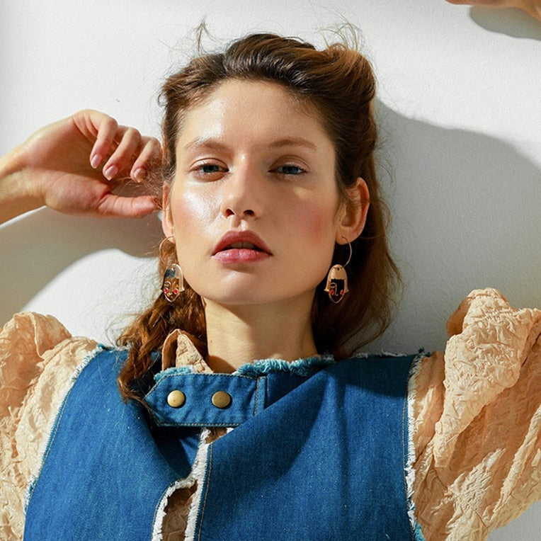 Girl Face Figure Pendant Hoop Earrings