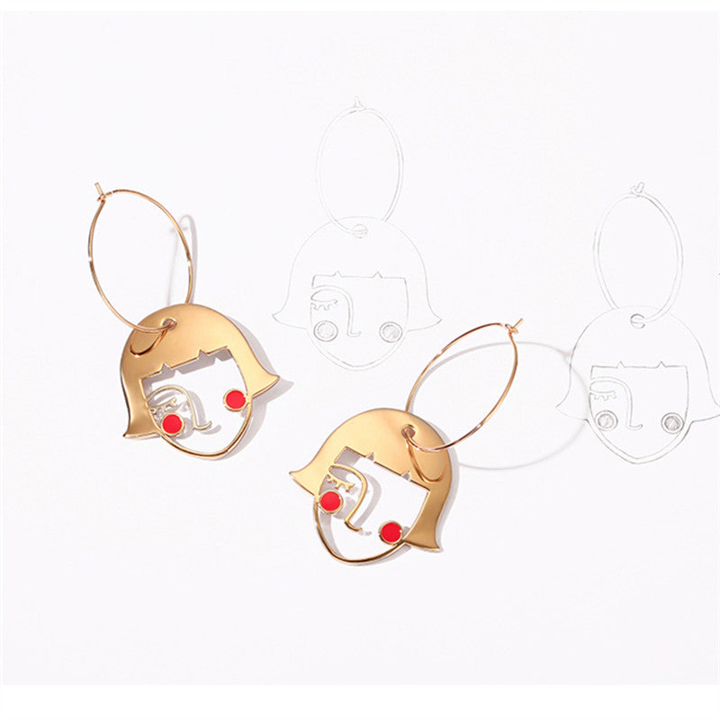 Girl Face Figure Pendant Hoop Earrings