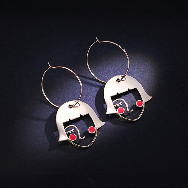 Girl Face Figure Pendant Hoop Earrings