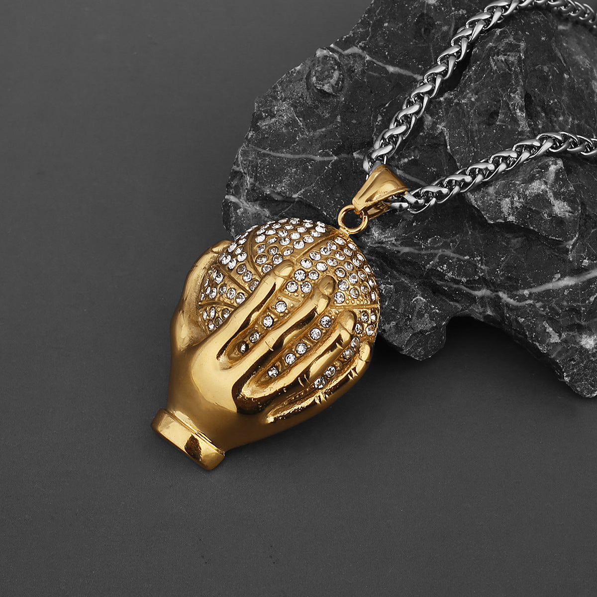 Gold Diamond Ball Holding Hand Necklace