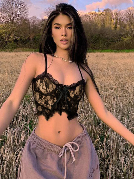 Aesthetic Lace Dark Academia E Girl Double Layer V Neck Crop Top