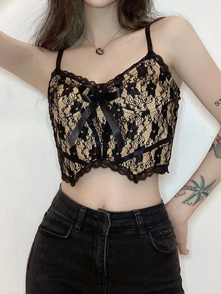 Aesthetic Lace Dark Academia E Girl Double Layer V Neck Crop Top