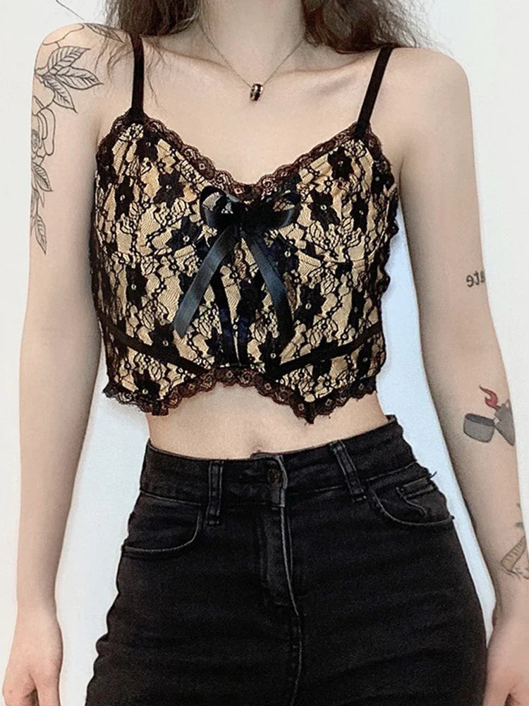 Aesthetic Lace Dark Academia E Girl Double Layer V Neck Crop Top