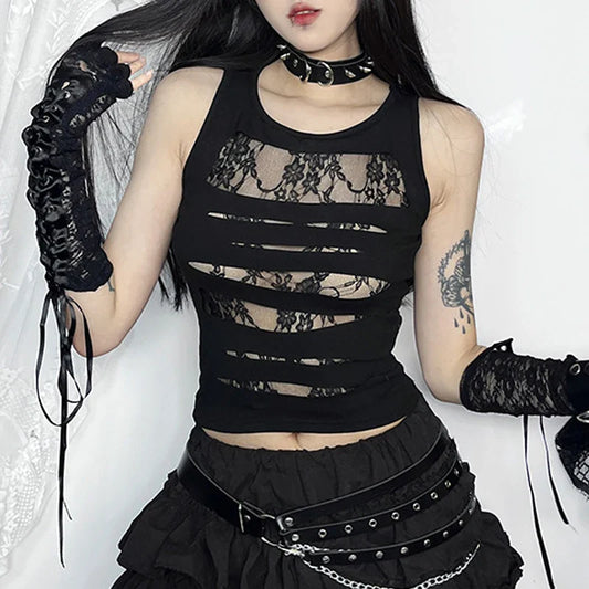 Dark Cut Out Grunge Punk Mall Gothic Splice Lace Techwear Bodycon Crop Top