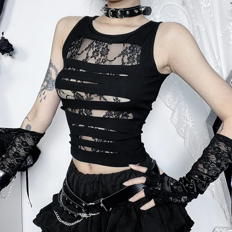 Dark Cut Out Grunge Punk Mall Gothic Splice Lace Techwear Bodycon Crop Top