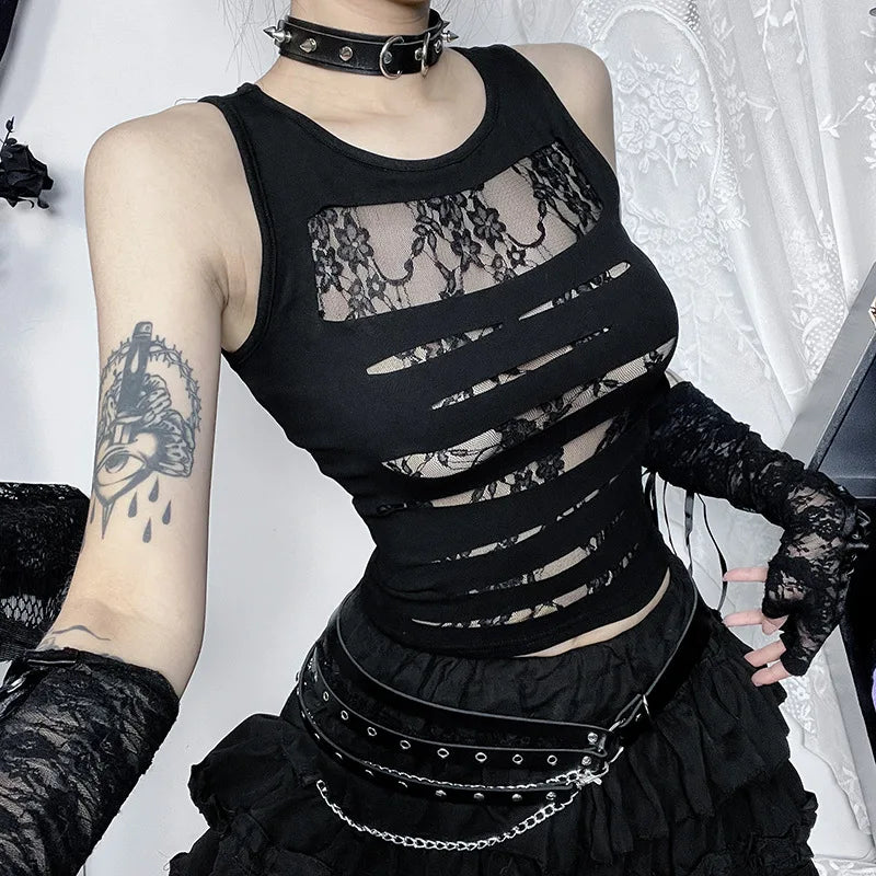 Dark Cut Out Grunge Punk Mall Gothic Splice Lace Techwear Bodycon Crop Top