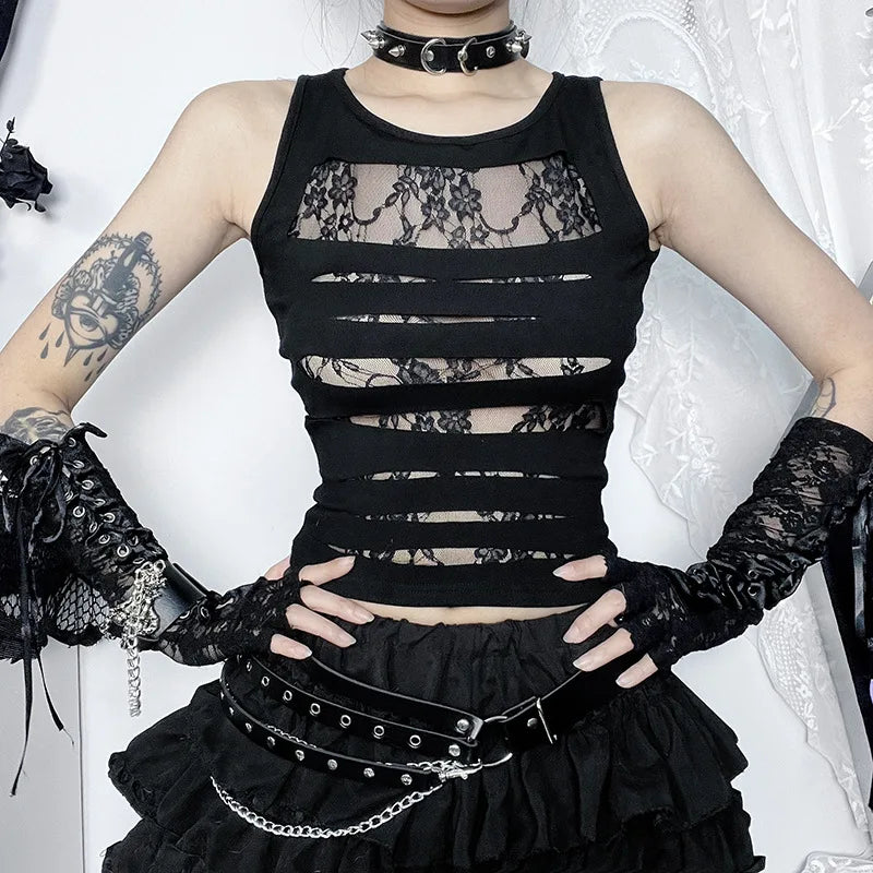 Dark Cut Out Grunge Punk Mall Gothic Splice Lace Techwear Bodycon Crop Top