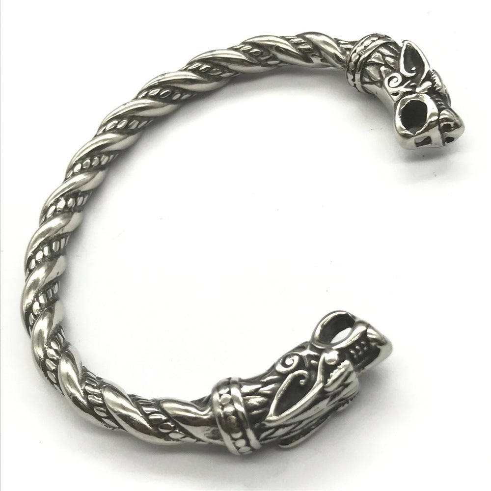 Goth Viking Dragon Heads Steel Braids Cuff Bracelet - L