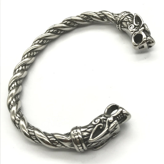 Goth Viking Dragon Heads Steel Braids Cuff Bracelet - L