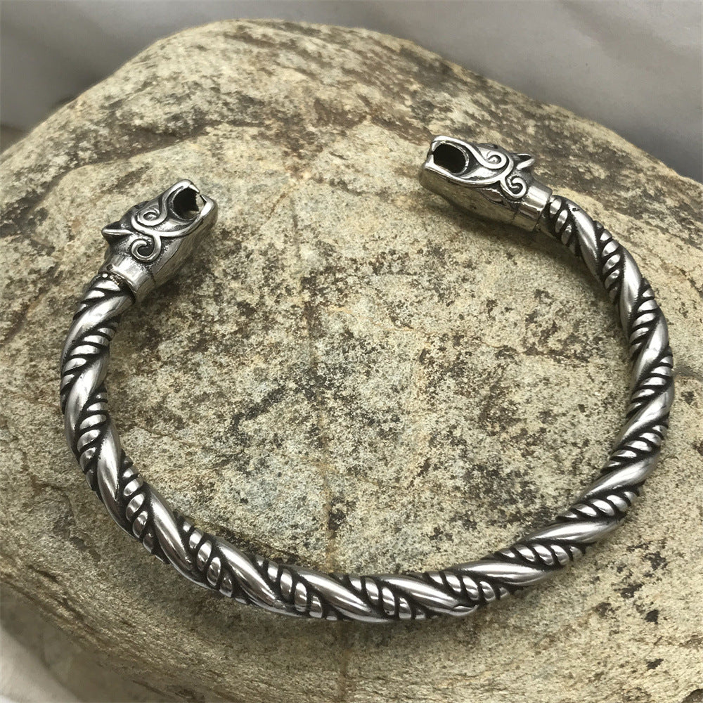 Goth Viking Dragon Heads Steel Braids Cuff Bracelet - S