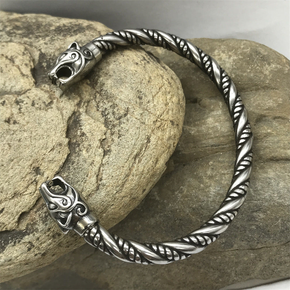 Goth Viking Dragon Heads Steel Braids Cuff Bracelet - S