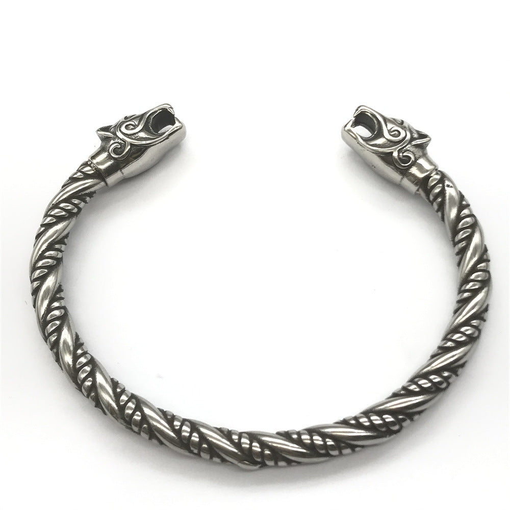 Goth Viking Dragon Heads Steel Braids Cuff Bracelet - S