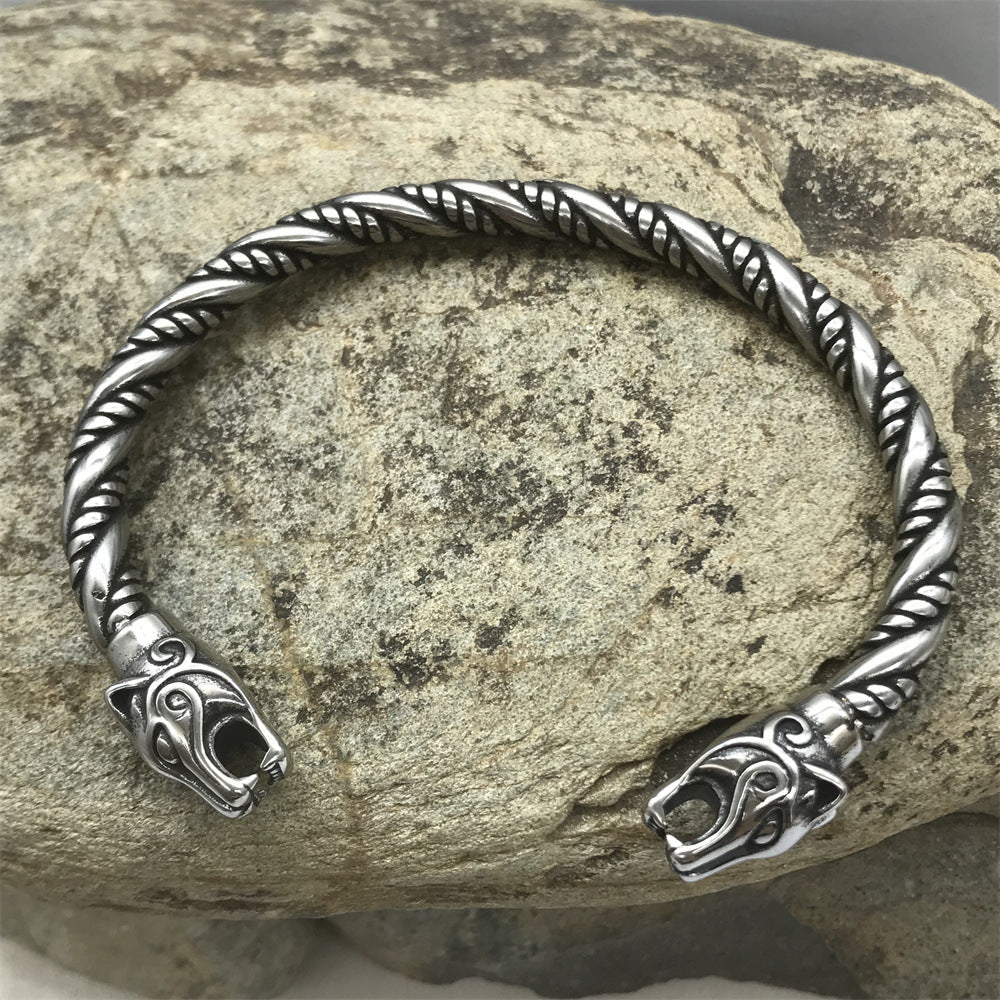 Goth Viking Dragon Heads Steel Braids Cuff Bracelet - S
