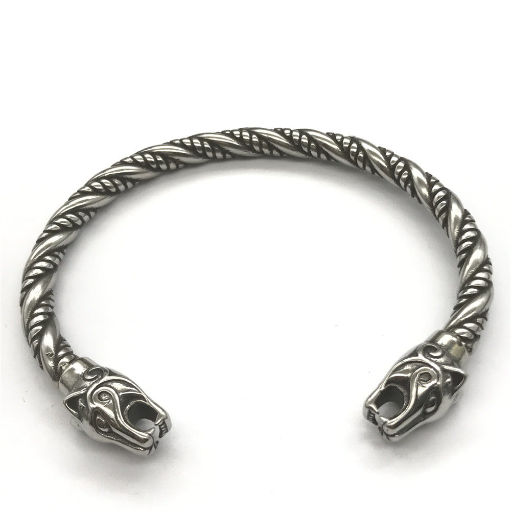 Goth Viking Dragon Heads Steel Braids Cuff Bracelet - S