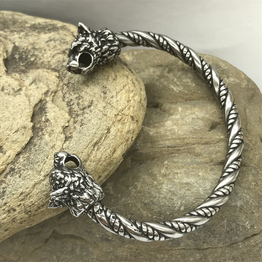 Goth Viking Wolf Heads Steel Braids Cuff Bracelet