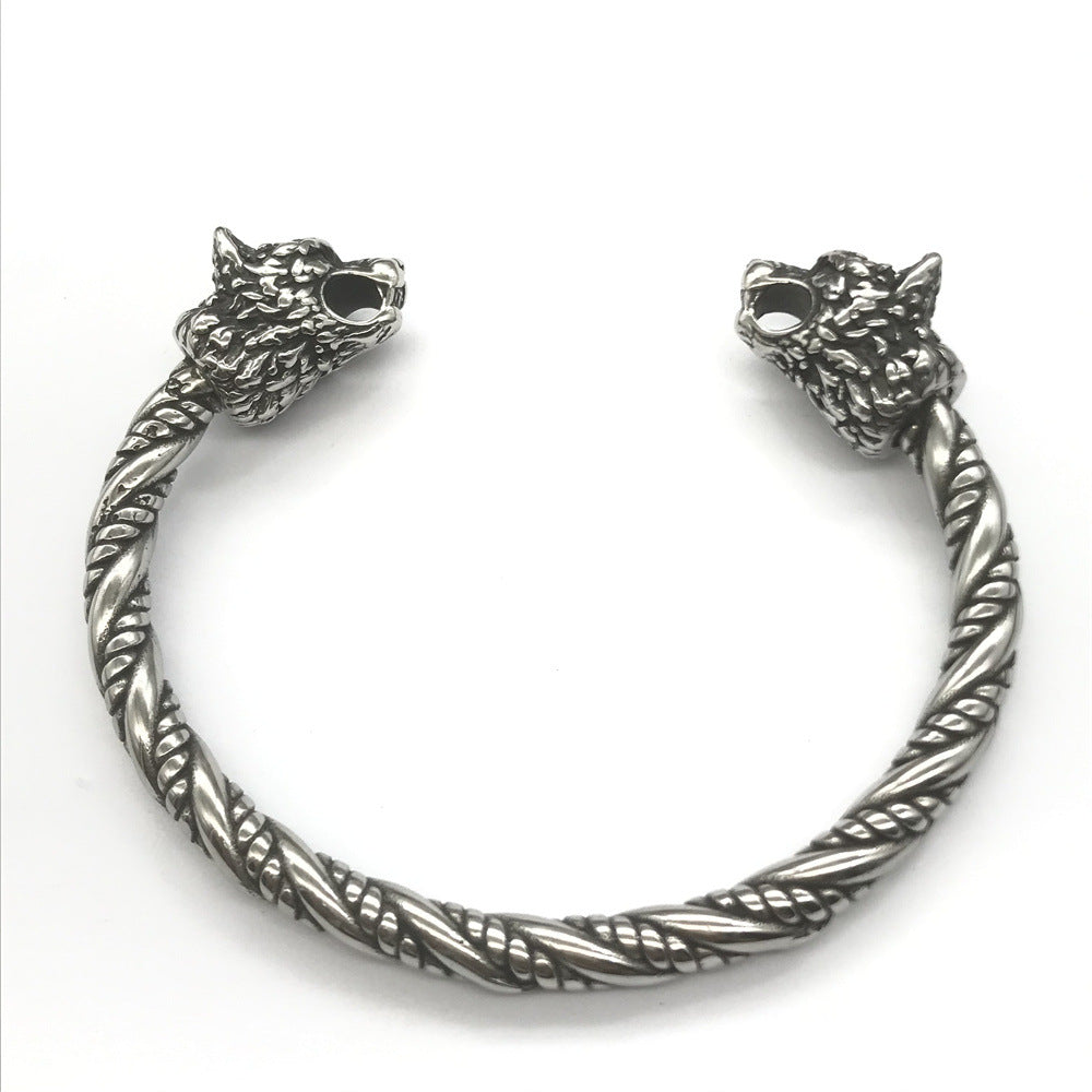 Goth Viking Wolf Heads Steel Braids Cuff Bracelet