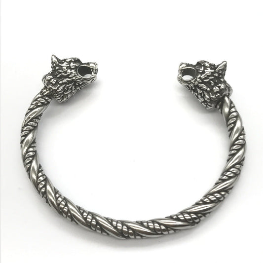 Goth Viking Wolf Heads Steel Braids Cuff Bracelet