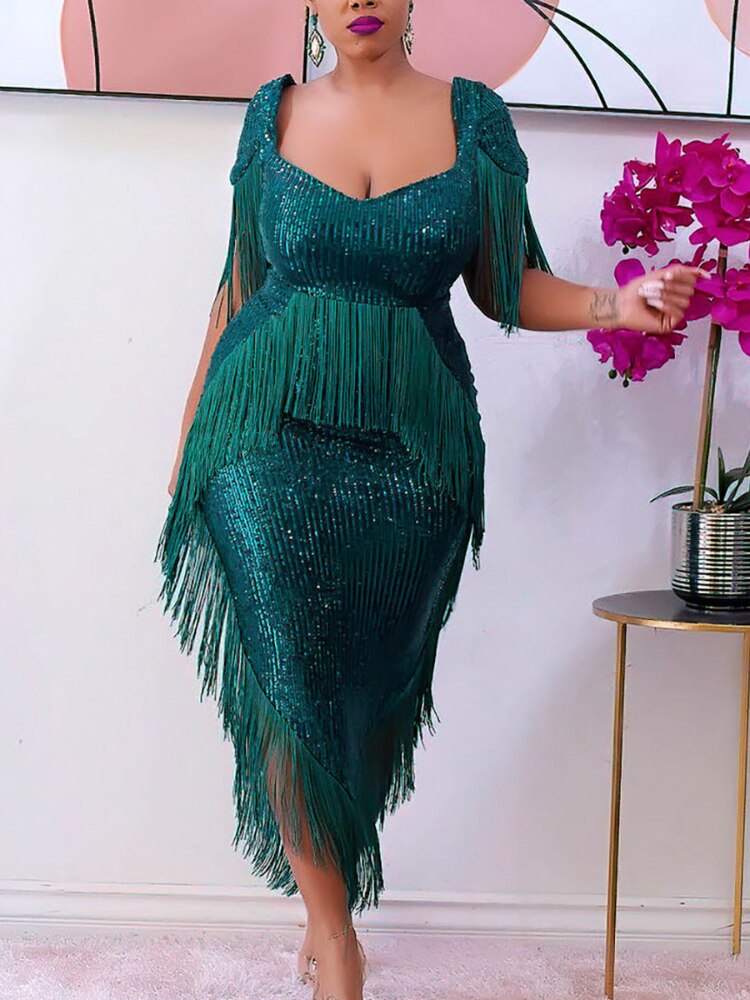 Green Tassel Irregular Length Sequins Retro Evening Cocktail Party Outfits