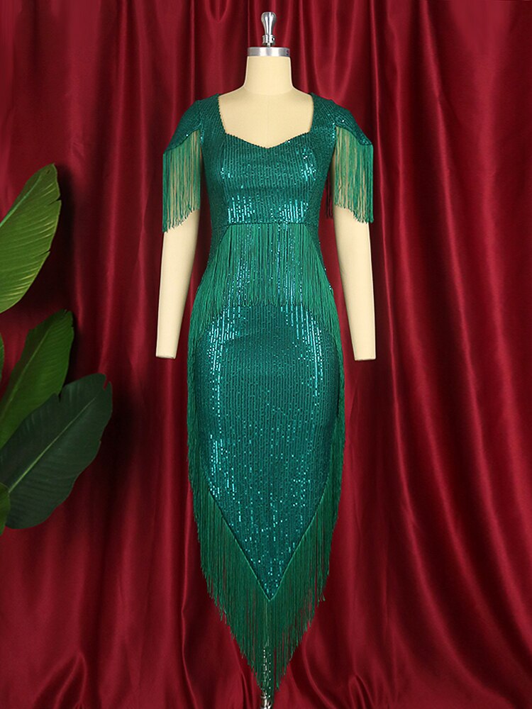 Green Tassel Irregular Length Sequins Retro Evening Cocktail Party Outfits