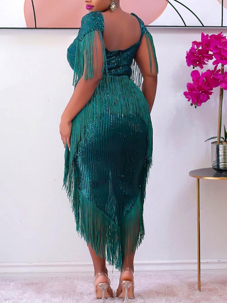 Green Tassel Irregular Length Sequins Retro Evening Cocktail Party Outfits