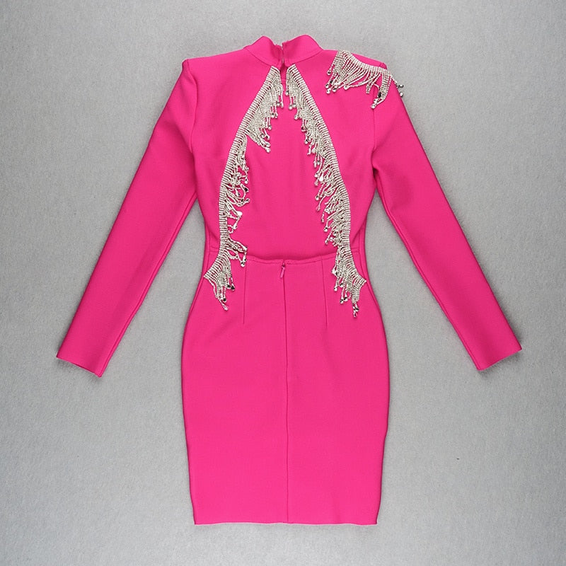 High-Quality Red Black Sparkly Backless Diamonds Tassel Rayon Bandage Dress