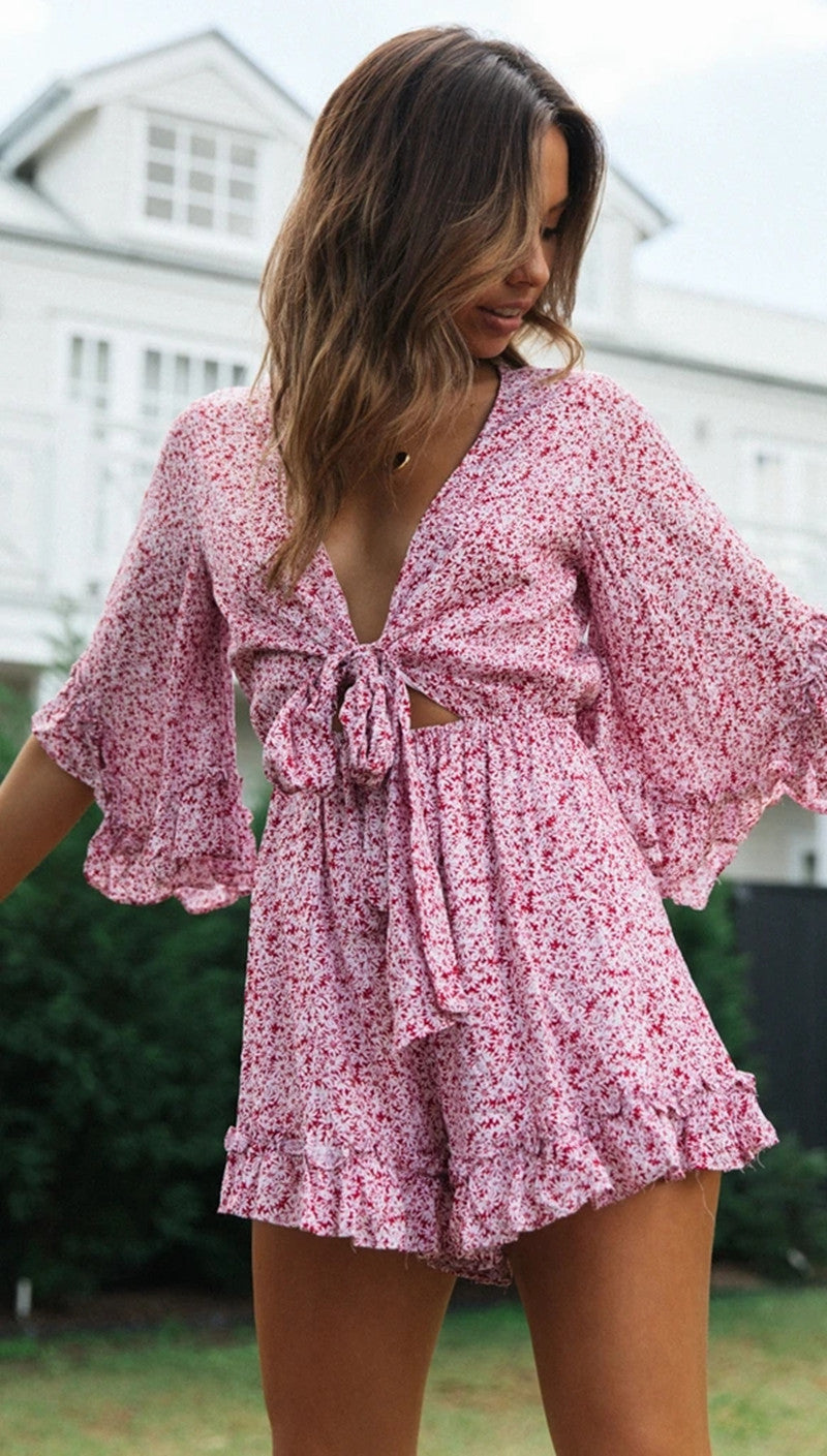 Floral Ruffles Loose V-Neck Romper