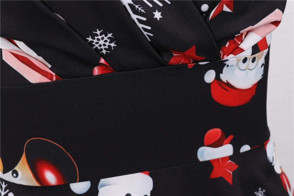 Snowflake Printed Red V-Neck Wrap High Waist Vintage Robe Christmas Dress