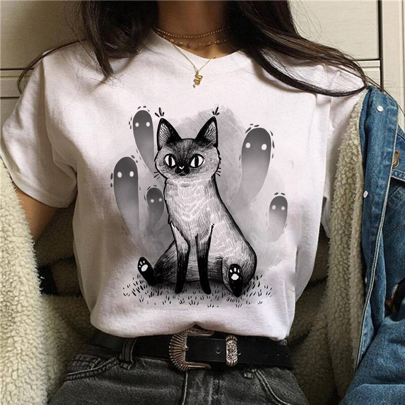 Cute Cartoon Cat Mushroom Print T Shirt