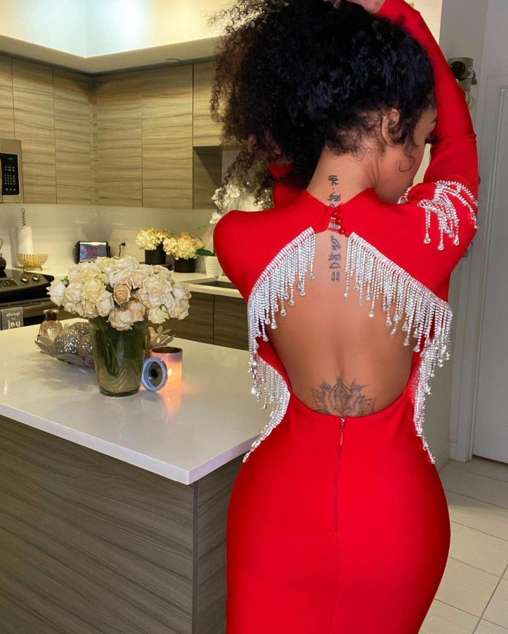 High-Quality Red Black Sparkly Backless Diamonds Tassel Rayon Bandage Dress