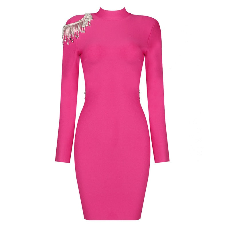 High-Quality Red Black Sparkly Backless Diamonds Tassel Rayon Bandage Dress