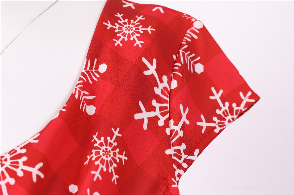 Snowflake Printed Red V-Neck Wrap High Waist Vintage Robe Christmas Dress
