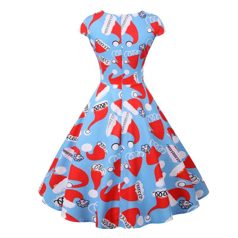 Snowflake Printed Red V-Neck Wrap High Waist Vintage Robe Christmas Dress