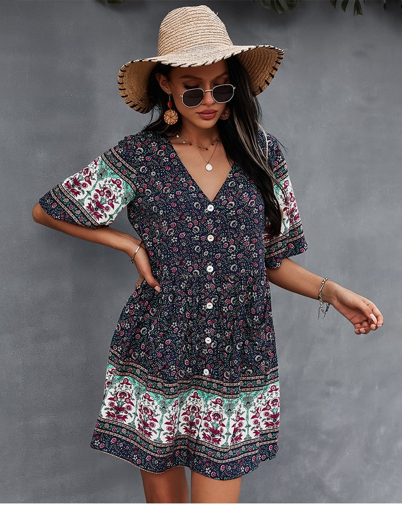 New Floral Print Summer Casual V Neck Bohemian Short Sleeve Dress For Woman