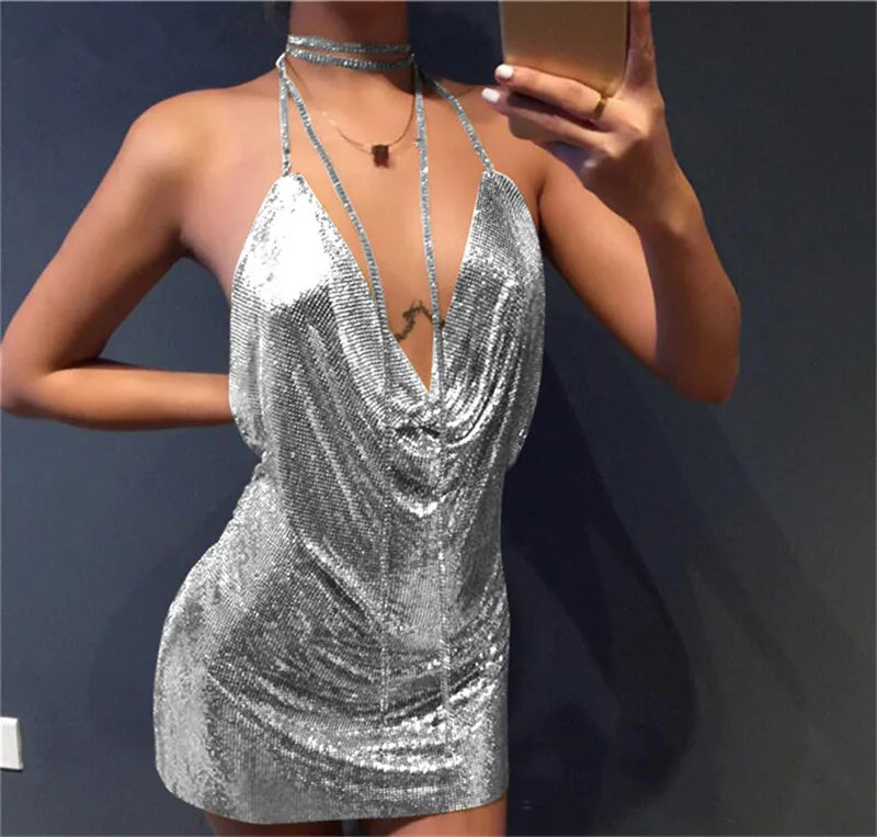 Sequin Halter Backless Metal Party Dress