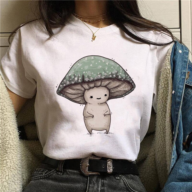 Cute Cartoon Cat Mushroom Print T Shirt