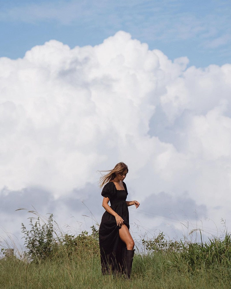 Summer Dresses For  Square Neck Smocked Short Puff Sleeve Vacation Beach Style