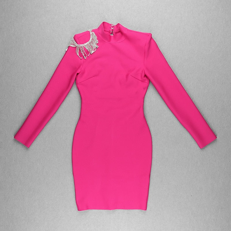 High-Quality Red Black Sparkly Backless Diamonds Tassel Rayon Bandage Dress