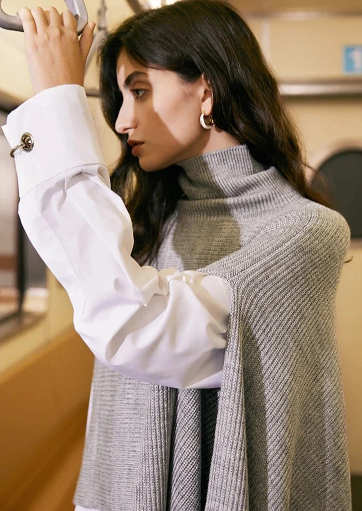 Krie Asymmetric Shoulder Turtleneck Cape Sweater