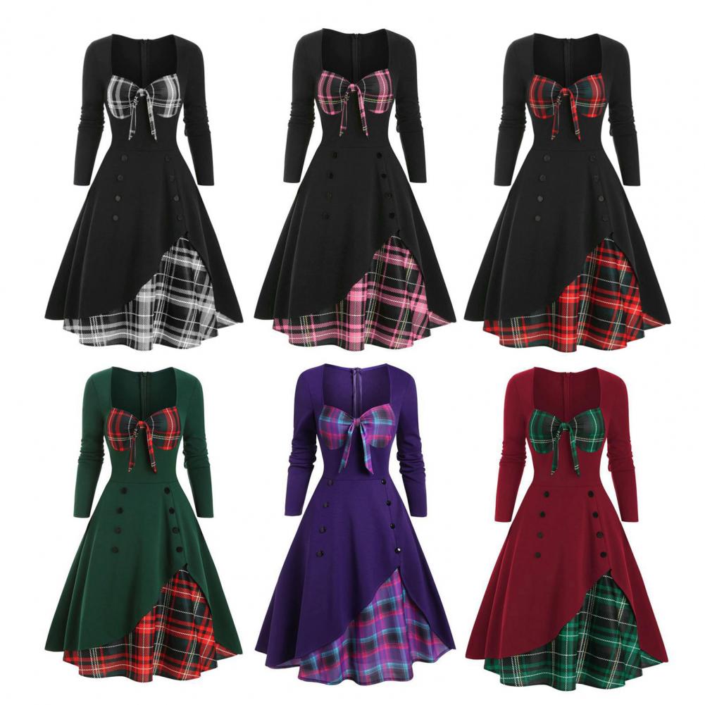 Elegant Vintage Long Sleeve Slim Dress V-Neck Lace-up Neckline Fashion Christmas Party